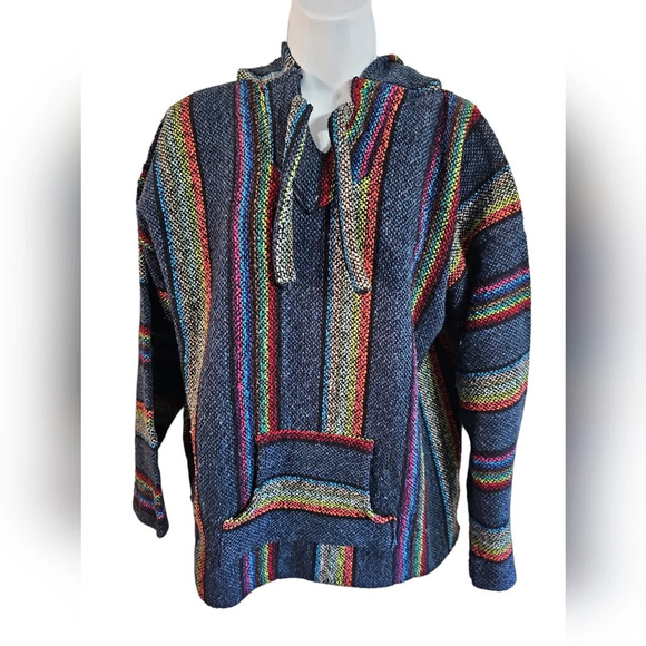Unbranded M Blue Rainbow Stripe Baja Hoodie Pullover Hippie Grunge Surf Poncho - Picture 2 of 8